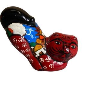 Crouching Mexican Folk Art Red Clay Tonala Cat Whimsical Hand Painted